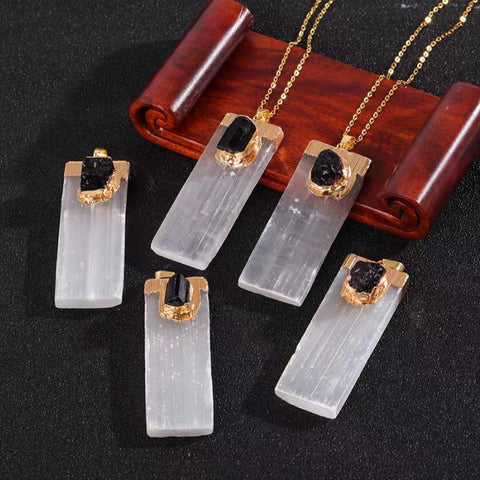 Selenite and Black Tourmaline Necklace