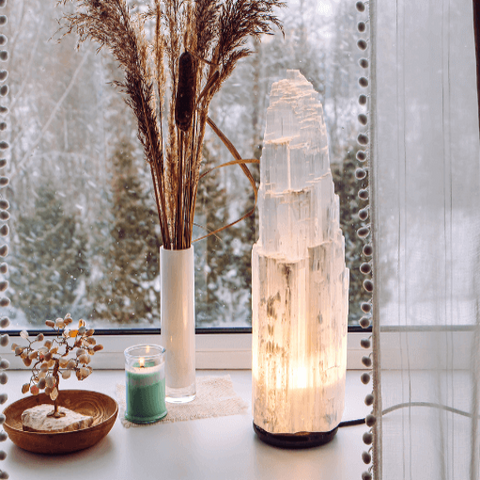 Selenite crystal tower lamp